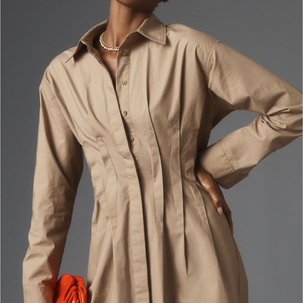 Anthropologie Pilcro Pintuck Mini Shirt Dress Tan